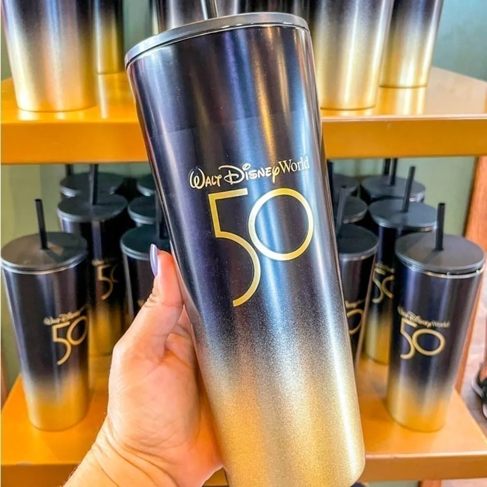 Walt Disney Workd 50th Anniversary Starbucks Black and Gold Tumbler